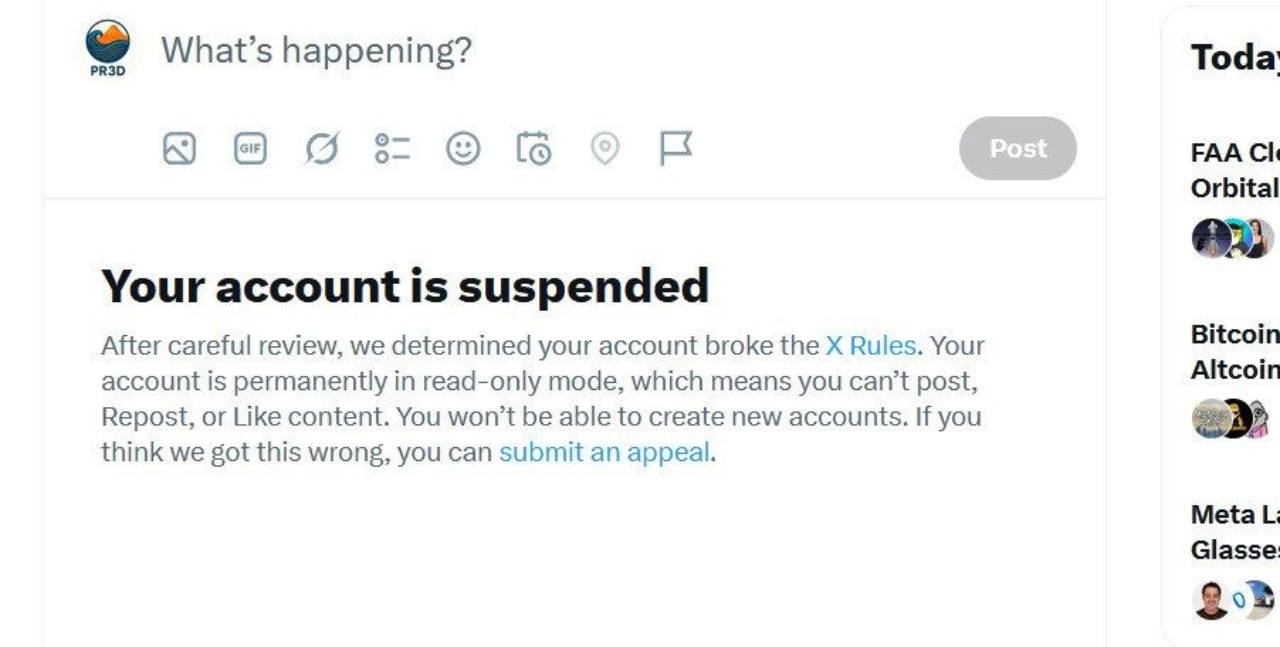 X notice stating that the official PR3D account is suspended and permanently in read-only mode